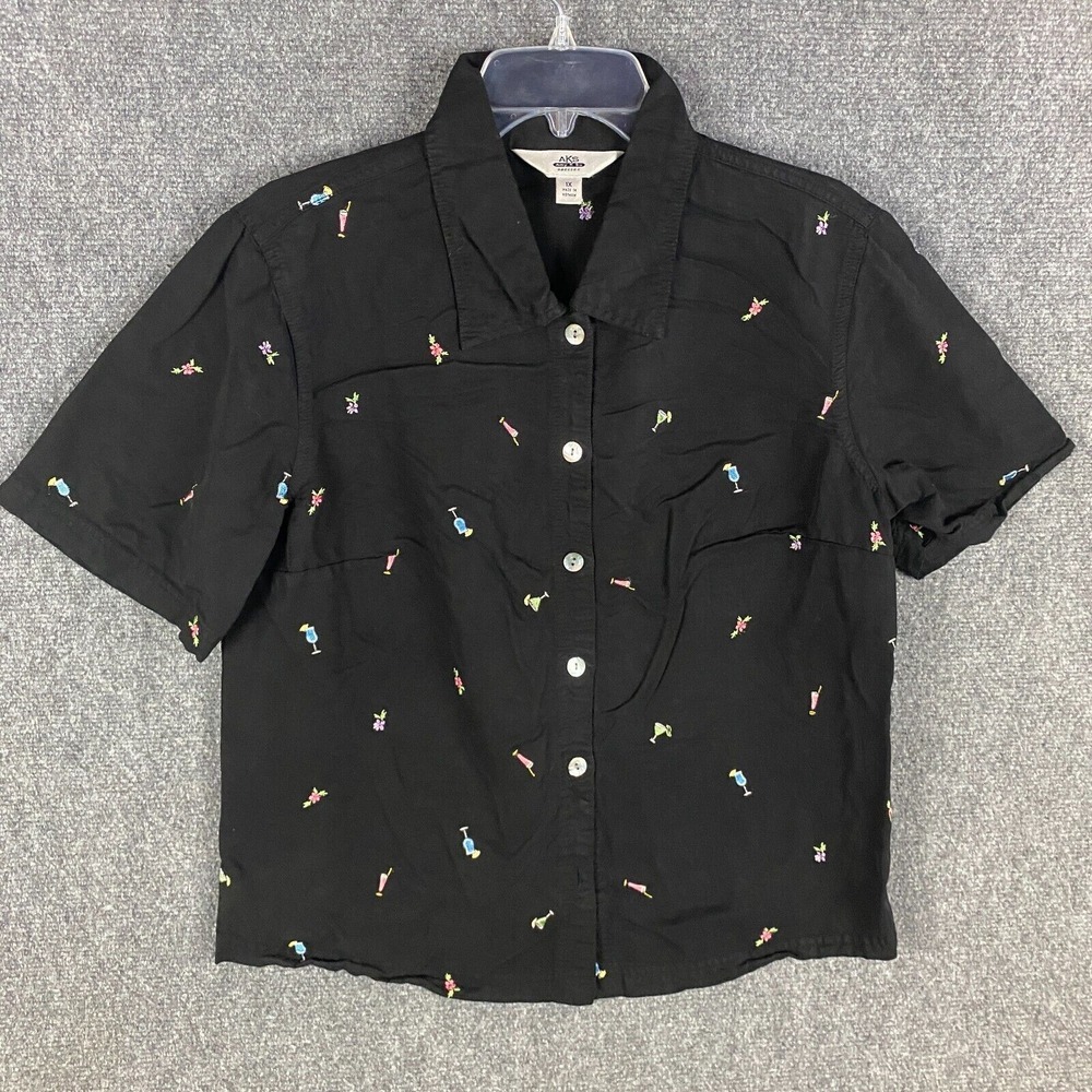 AKS Amy K Su‎ Top Women's 1X Button Up Short Sleeve Black Plus
